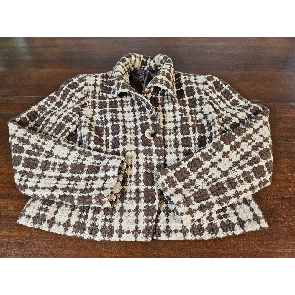 Evan-Picone Blazer Women Size 6 Brown Plaid Wool Blend Textured Single Button